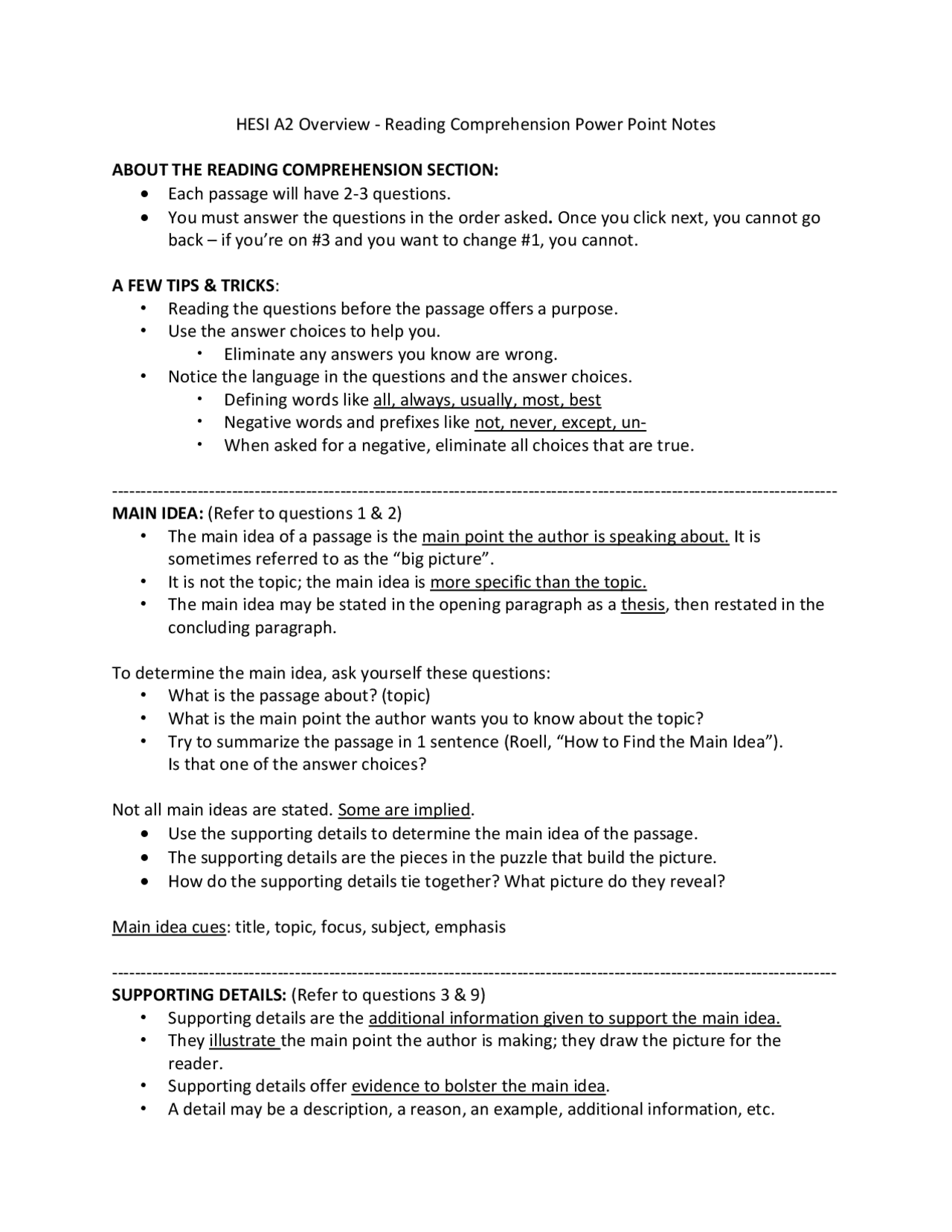 HESI A2 Reading Comprehension Overview Lecture Notes English Docsity