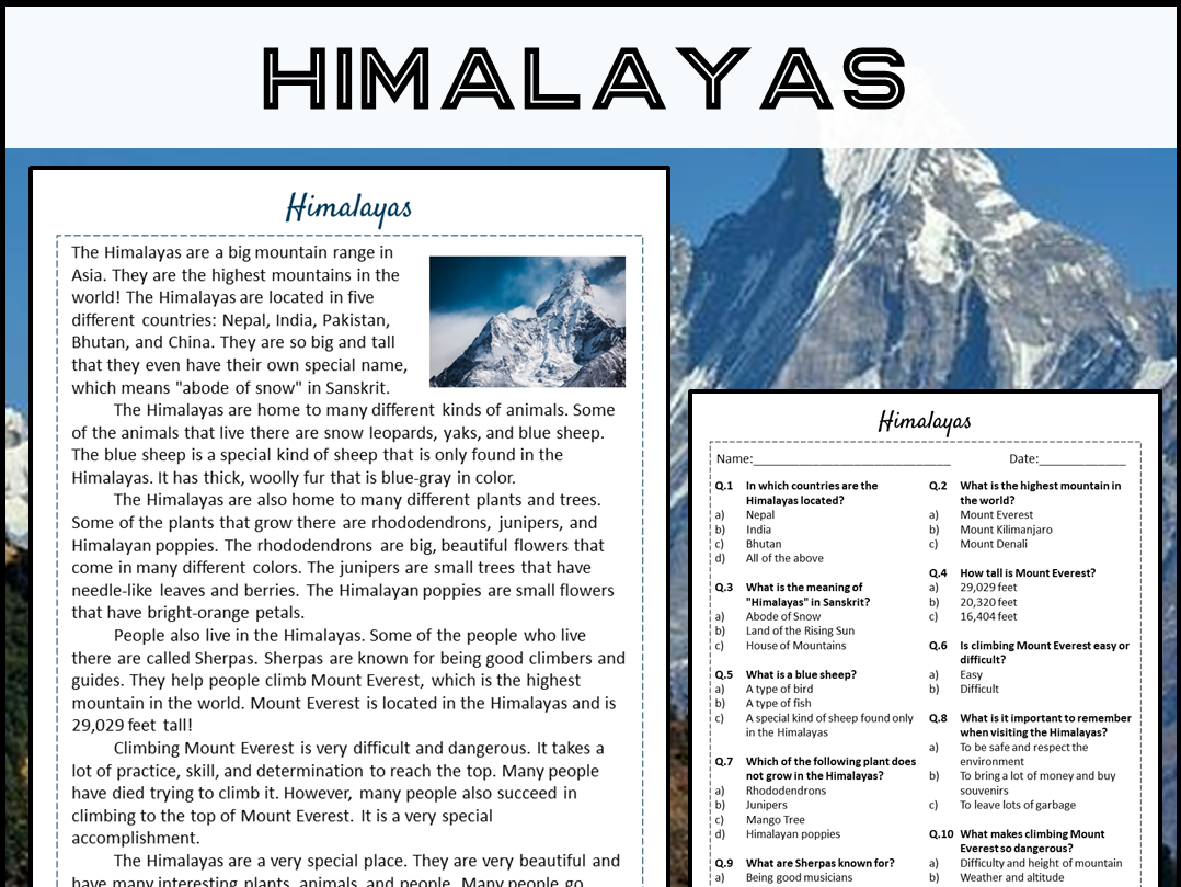 Himalayas Reading Comprehension Passage And Questions PDF Teaching Resources