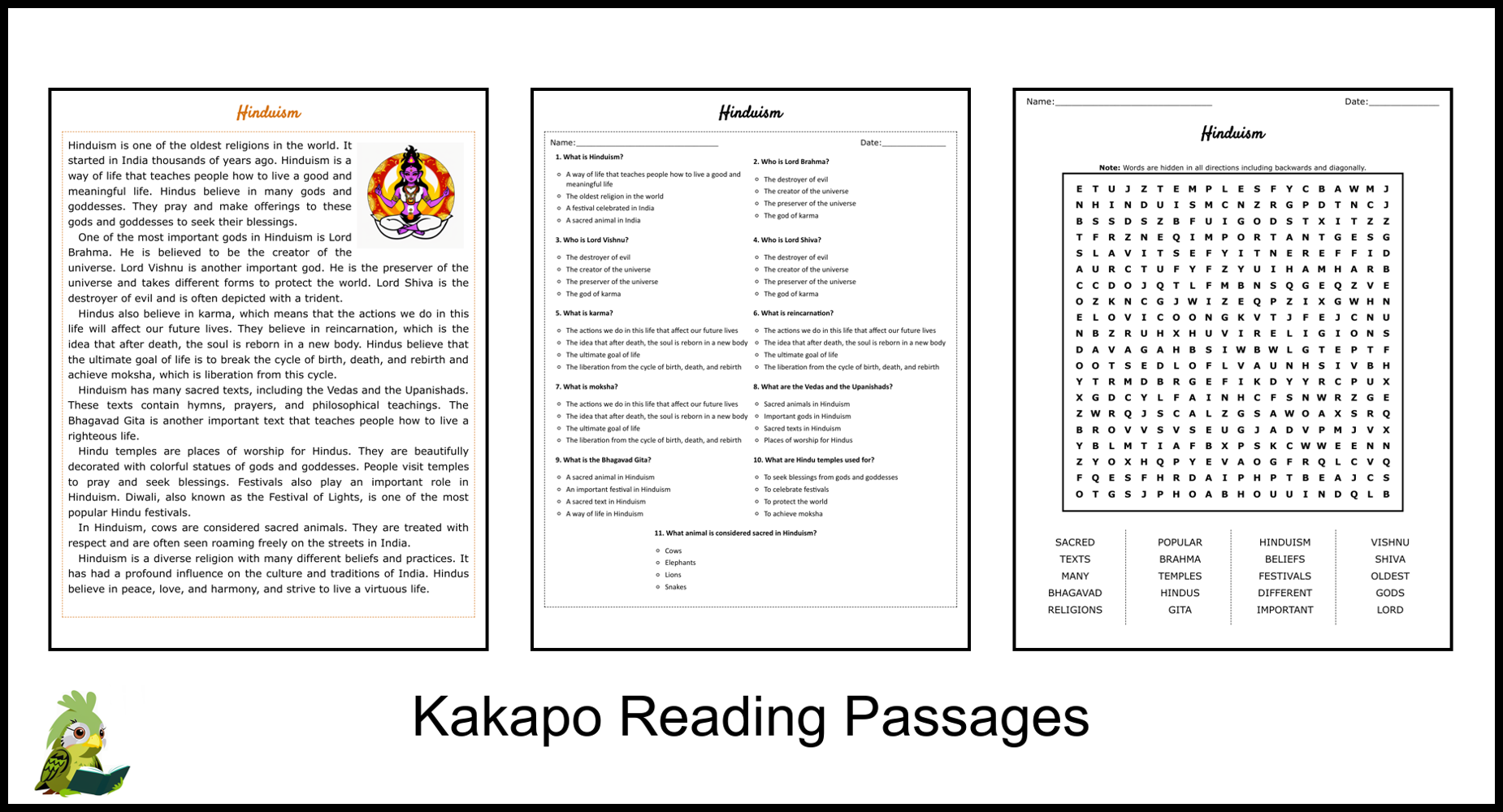 Hinduism Reading Comprehension And Word Search Teaching Resources