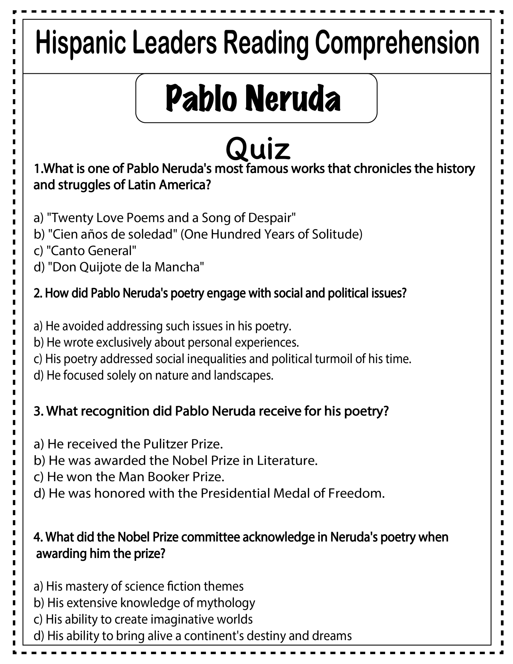 Hispanic Heritage Month Reading Comprehension Passages Questions And Quizzes Made By Teachers