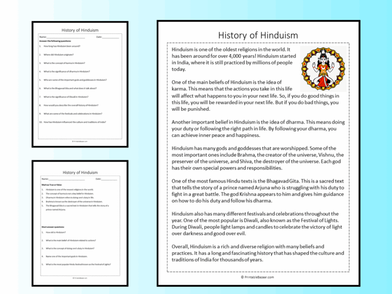 History Of Hinduism Reading Comprehension Passage Printable Worksheet Teaching Resources