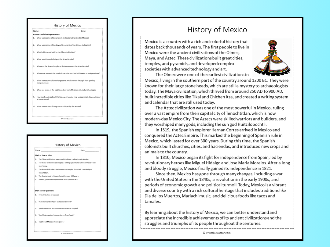History Of Mexico Reading Comprehension Passage Printable Worksheet Teaching Resources