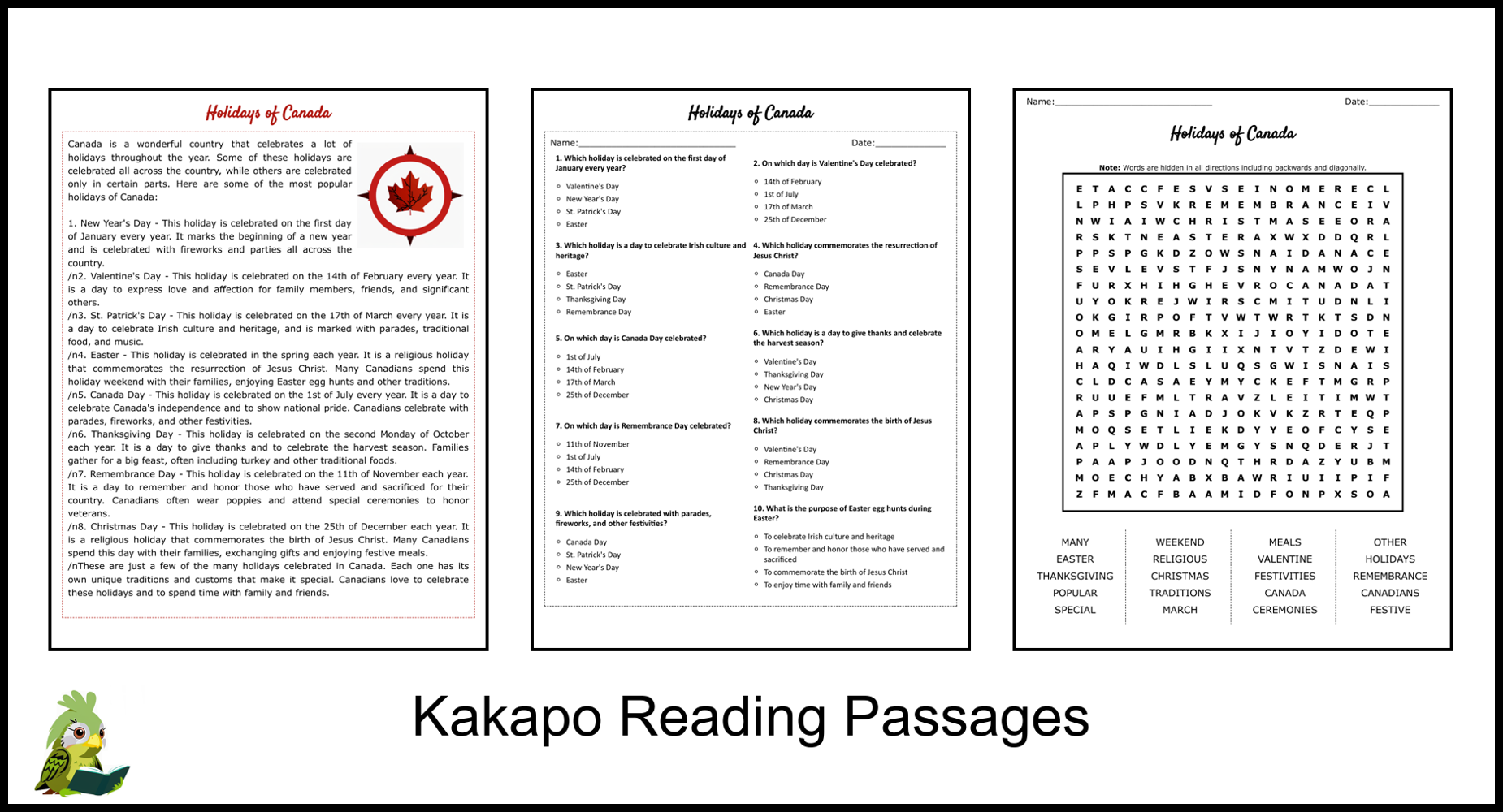 Holidays Of Canada Reading Comprehension And Word Search 