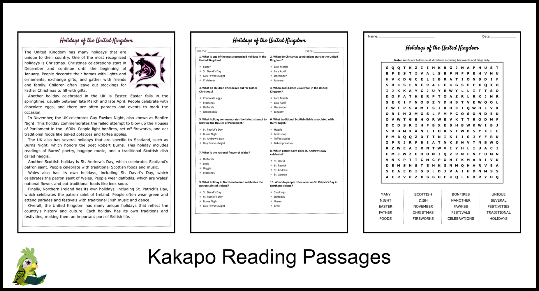 Holidays Of The United Kingdom Reading Comprehension And Word Search Teaching Resources