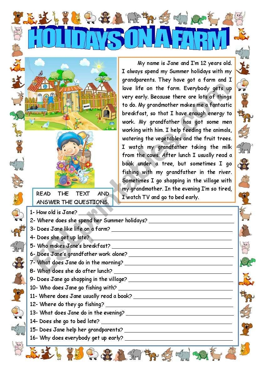HOLIDAYS ON A FARM READING AND COMPREHENSION ESL Worksheet By Sandytita