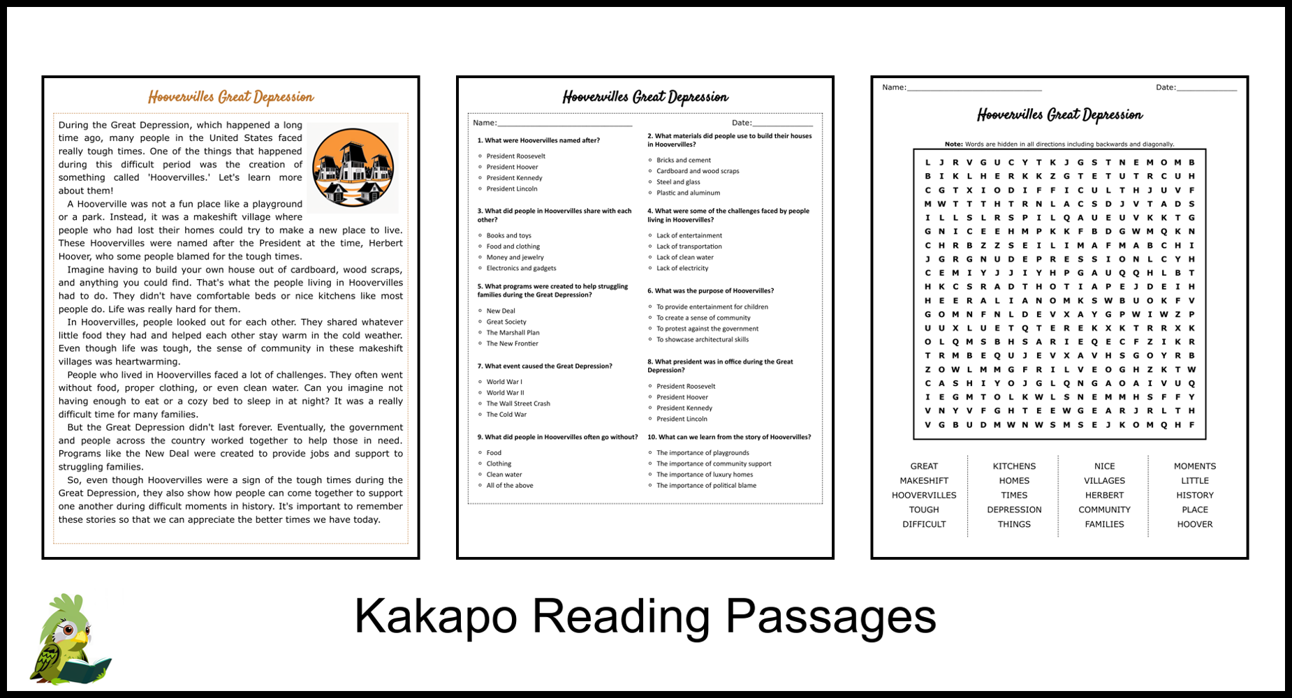 Hoovervilles Great Depression Reading Comprehension And Word Search Teaching Resources