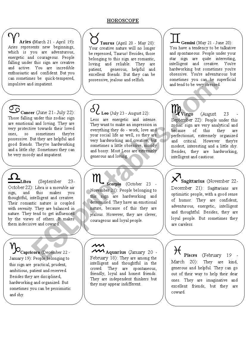 Zodiac Signs Reading Comprehension Worksheets