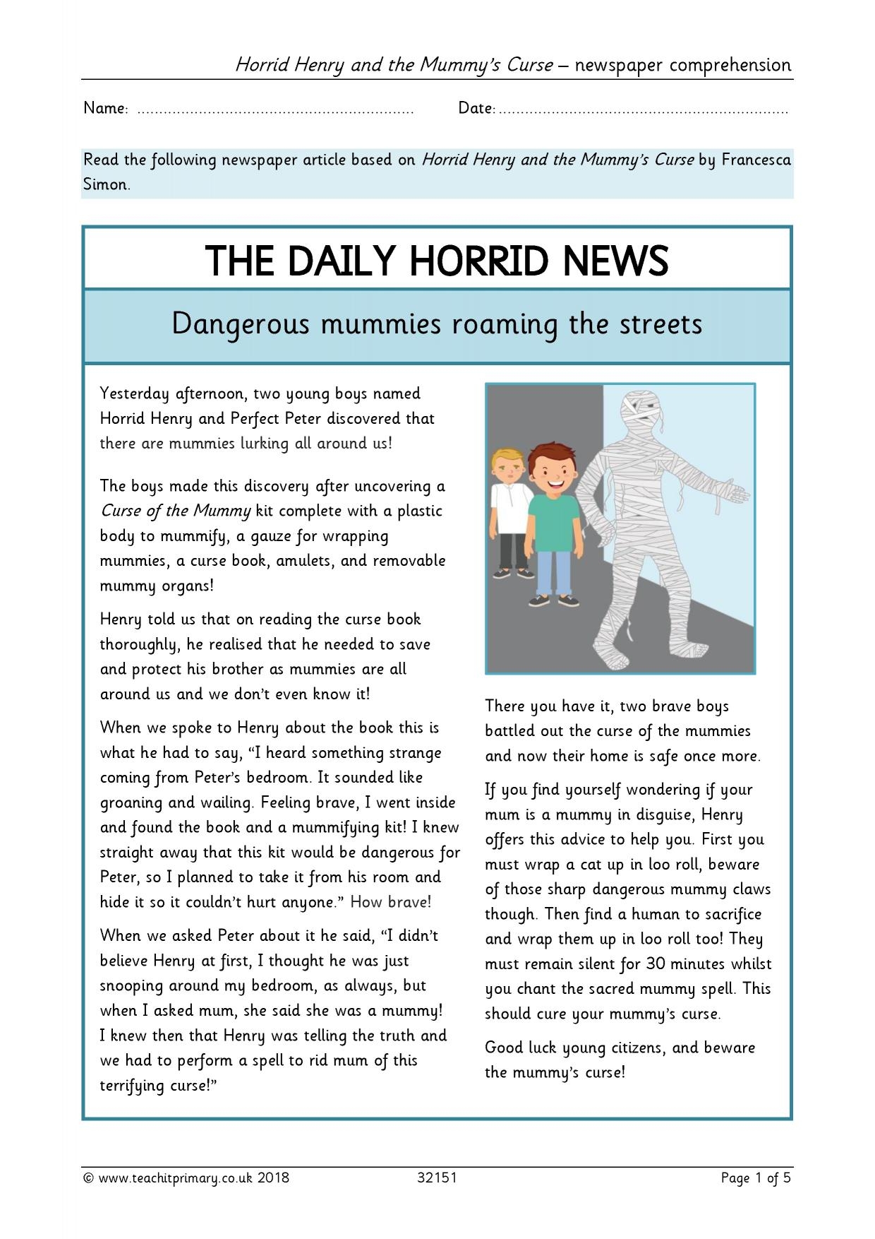 Horrid Henry Newspaper Comprehension Comprehension KS1 2 Teachit