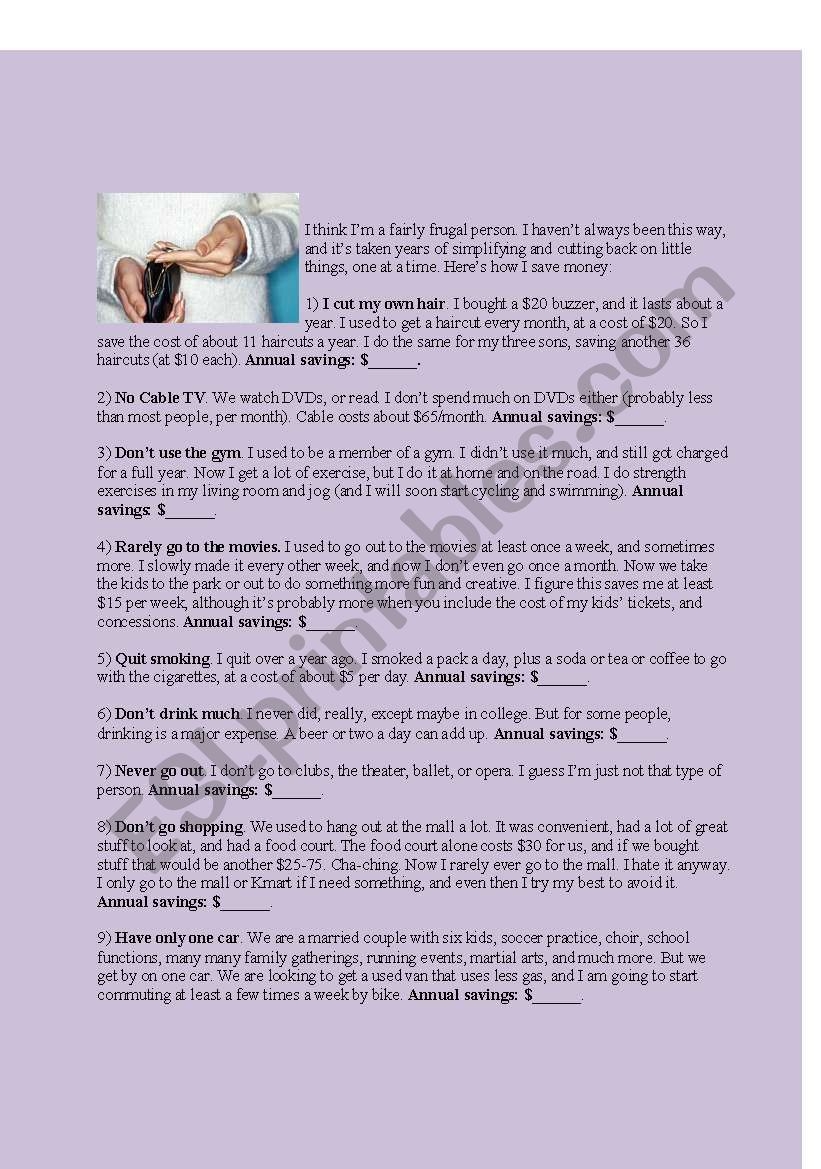 How To Save Money Reading Comprehension Worksheet ESL 