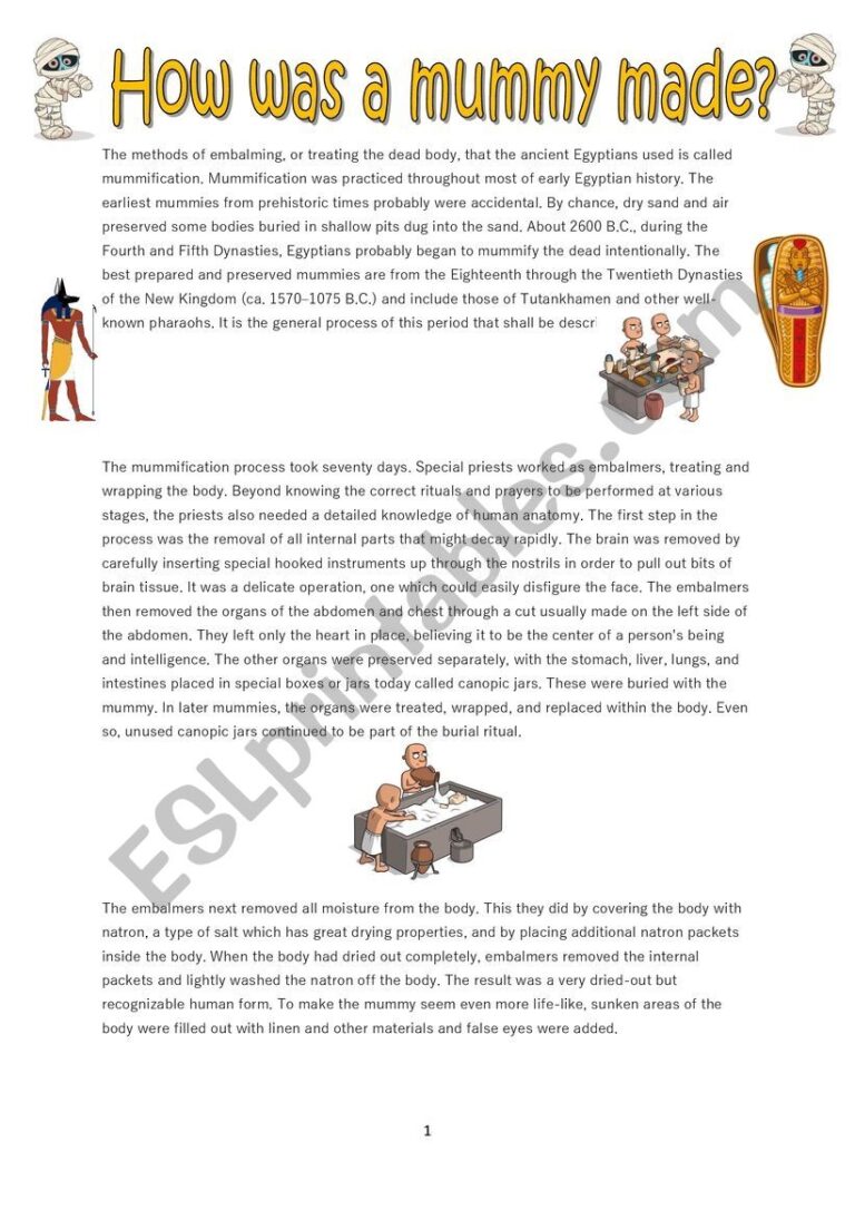 How Was A Mummy Made Reading Comprehension ESL Worksheet By Cariboo