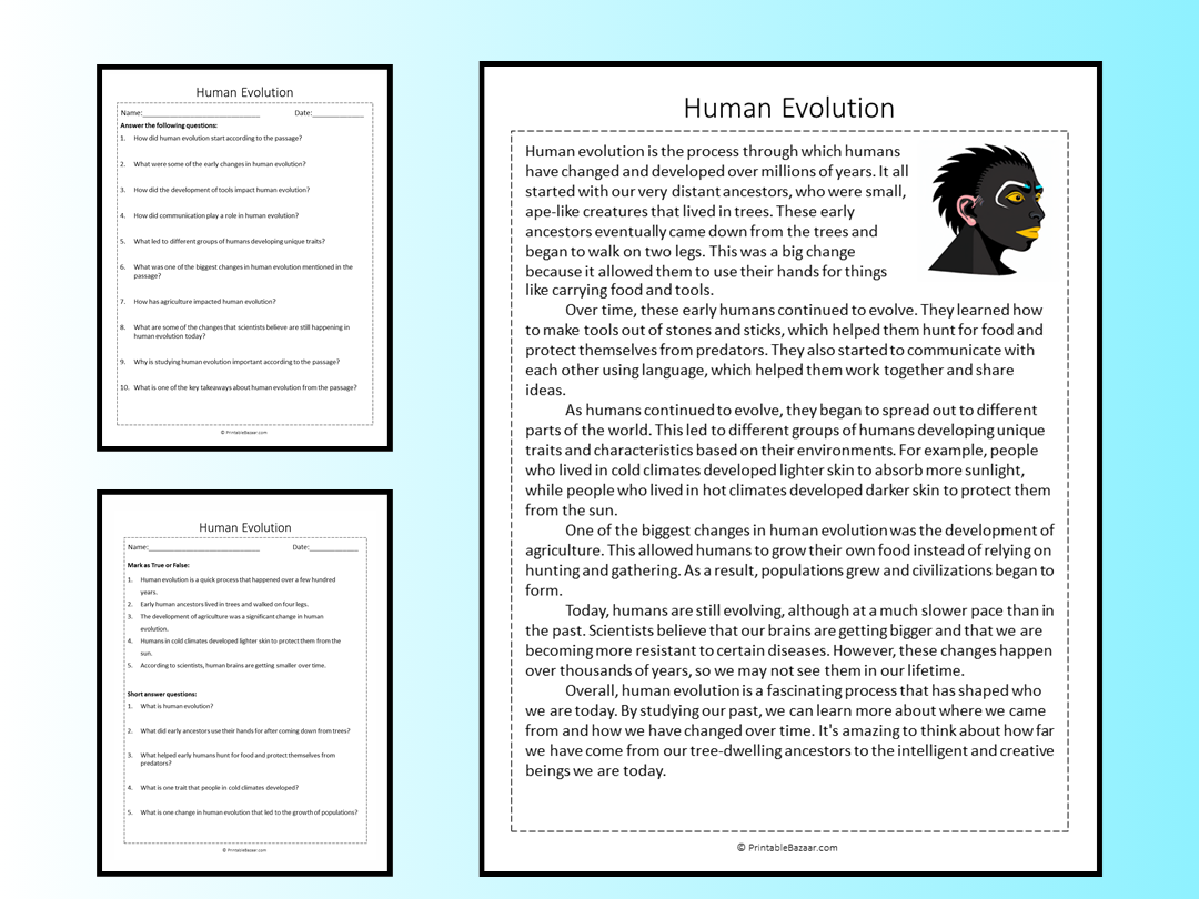 Human Evolution Reading Comprehension Passage Printable Worksheet 