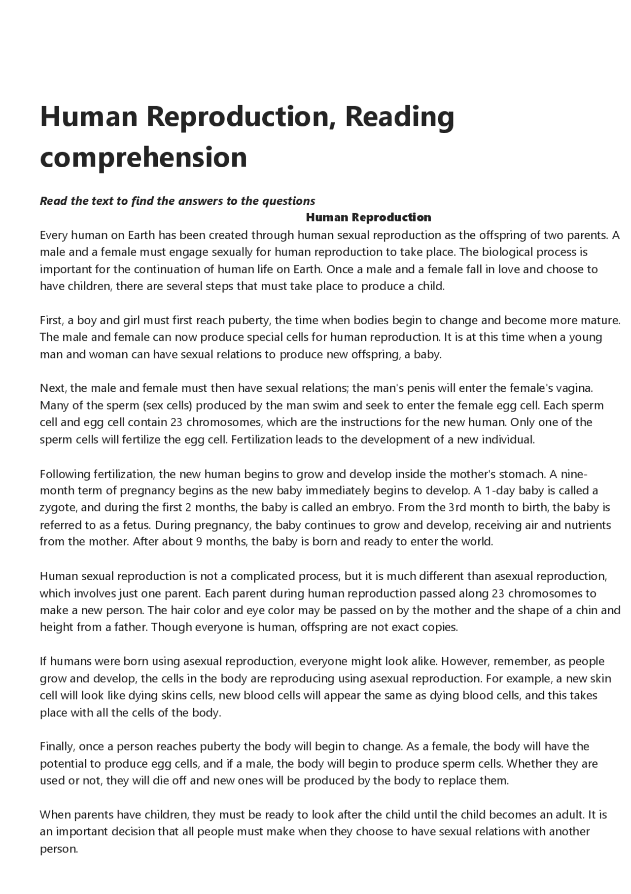 Human Reproduction Reading Comprehension 