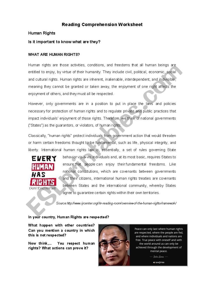 Human Rights Reading ESL Worksheet By Carly Chan