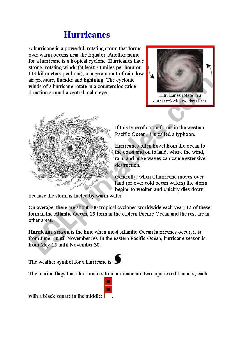 Hurricanes ESL Worksheet By Martinique
