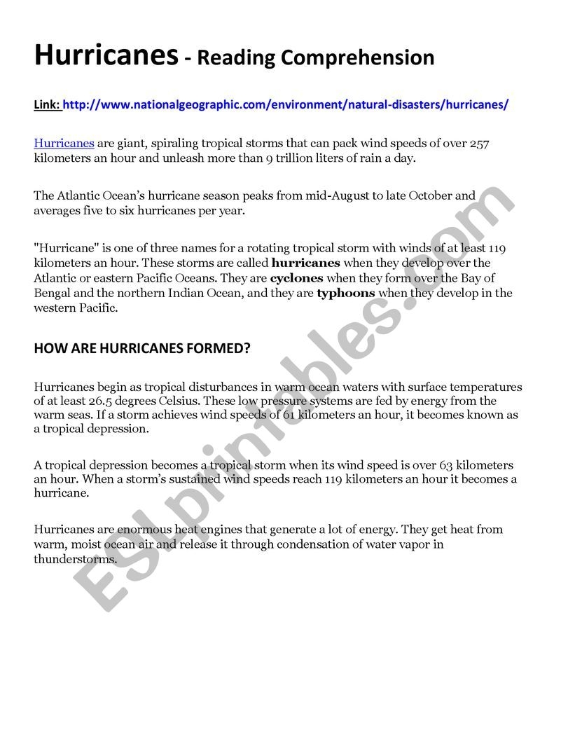 Reading Comprehension Worksheets Hurricanes