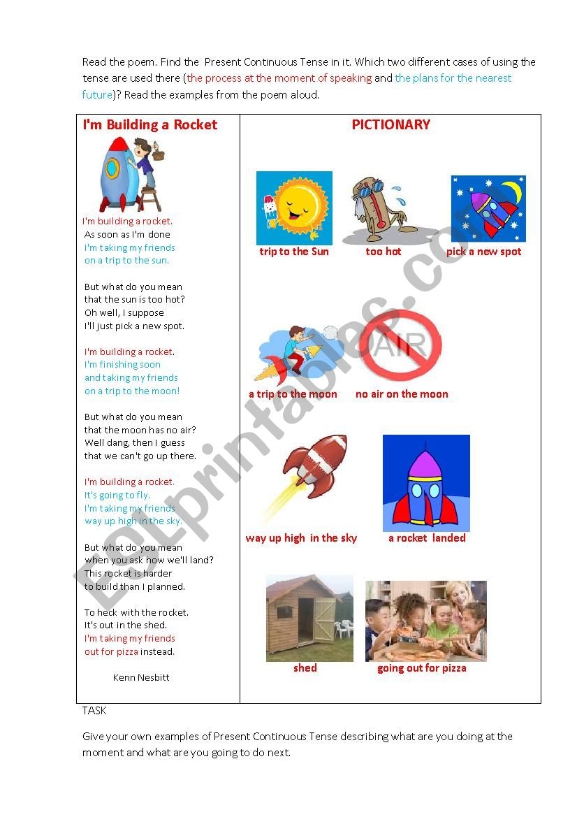 I AM BUILDING A ROCKET a Poem ESL Worksheet By Korova daisy