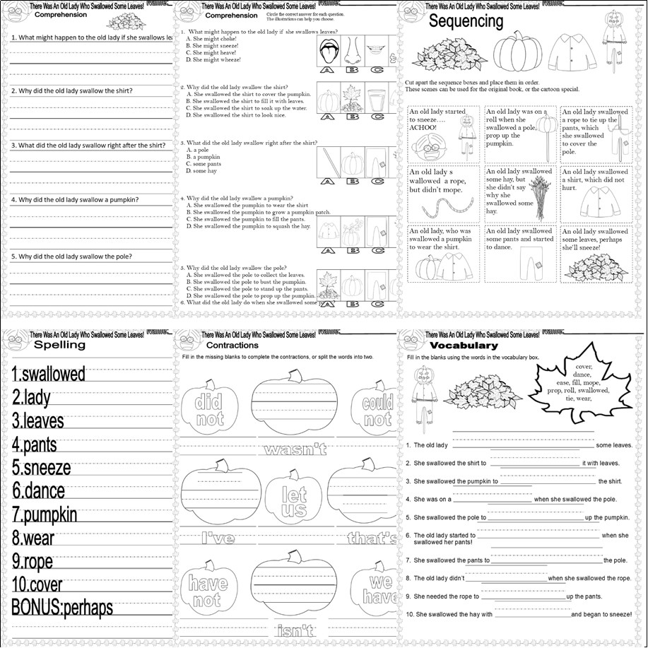 I Know There Was An Old Lady Who Swallowed Some Leaves Read Aloud Book Study Reading Comprehension Worksheets Classful