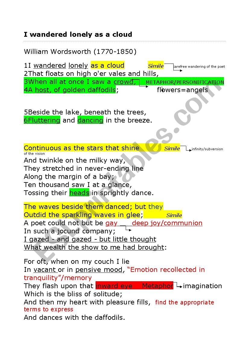 I Wandered Lonely As A Cloud Reading Comprehension ESL Worksheet By Catuzza