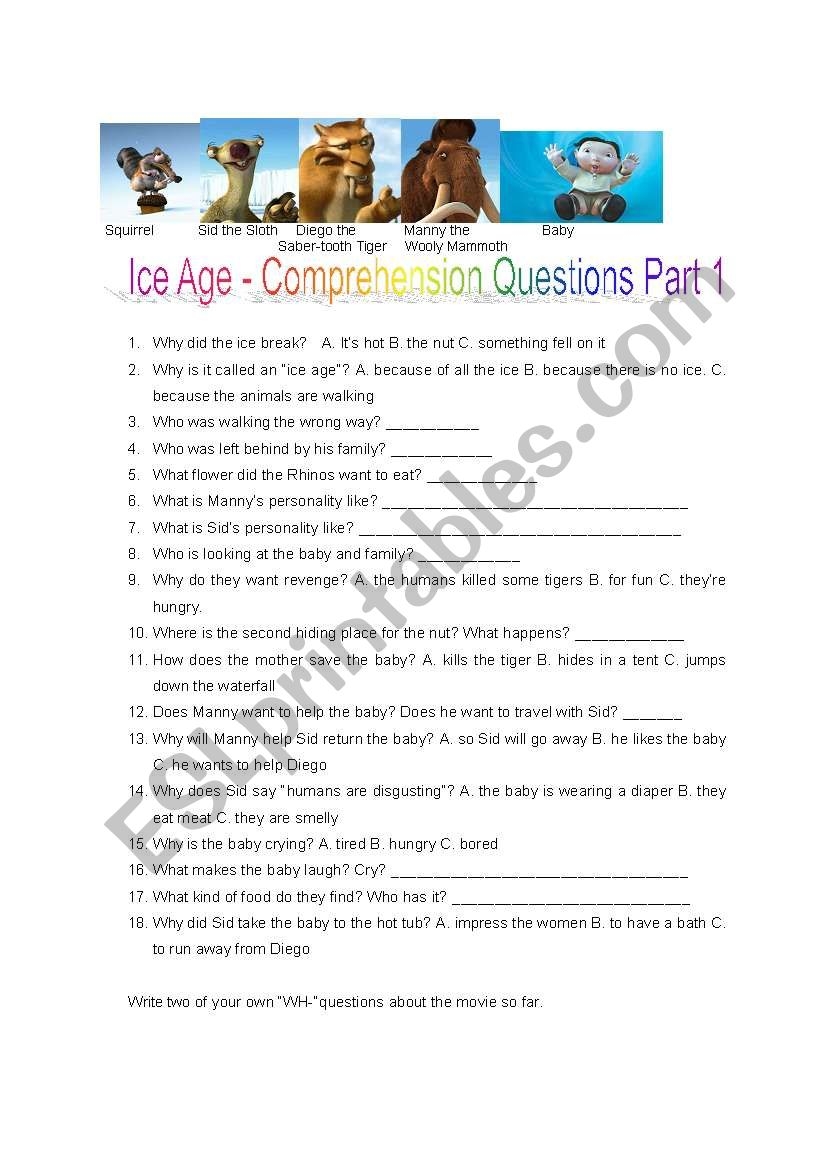 Ice Age Movie View Comprehension Questions Part 1 ESL Worksheet 
