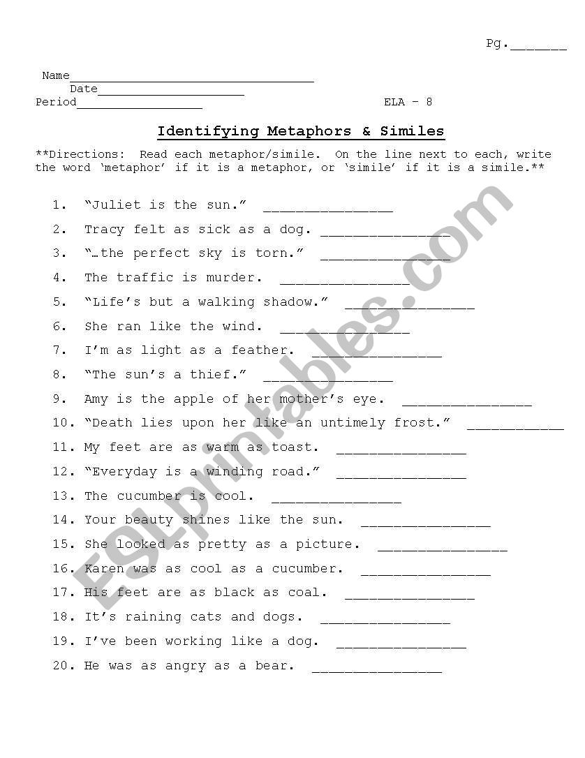 Simile And Metaphor Worksheet Reading Comprehension