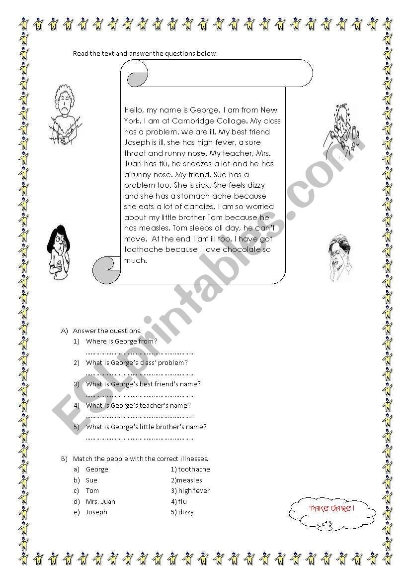 Illnesses Reading Text And Questions ESL Worksheet By Melosss