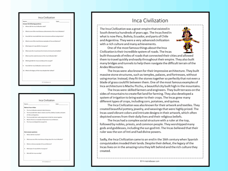 Inca Civilization Reading Comprehension Passage Printable Worksheet Teaching Resources