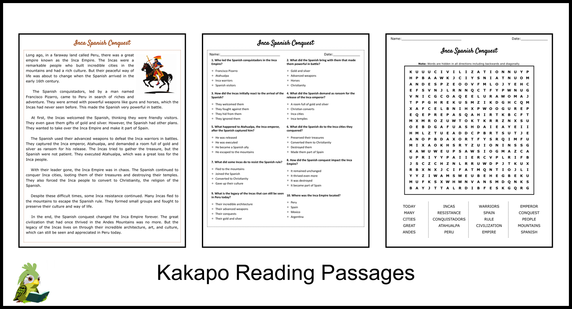 Inca Spanish Conquest Reading Comprehension And Word Search Teaching Resources