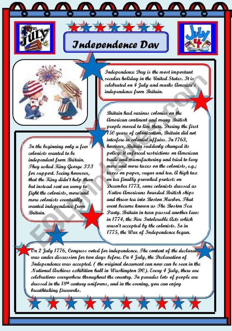 Independence Day 4 July READING COMPREHENSION 2PAGES ESL Worksheet By Zizou27300