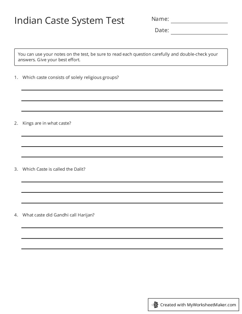 Indian Caste System Test My Worksheet Maker Create Your Own 