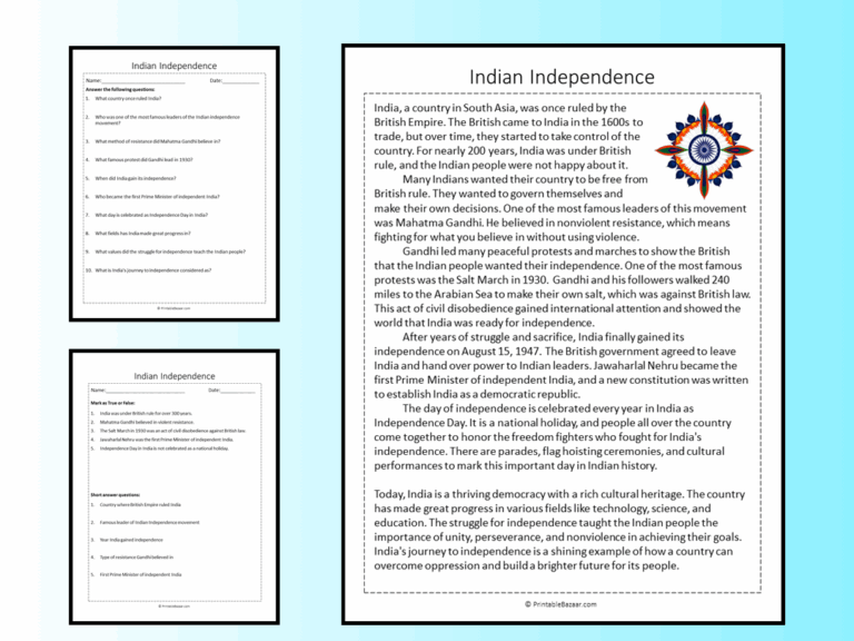 Indian Independence Reading Comprehension Passage Printable Worksheet Teaching Resources
