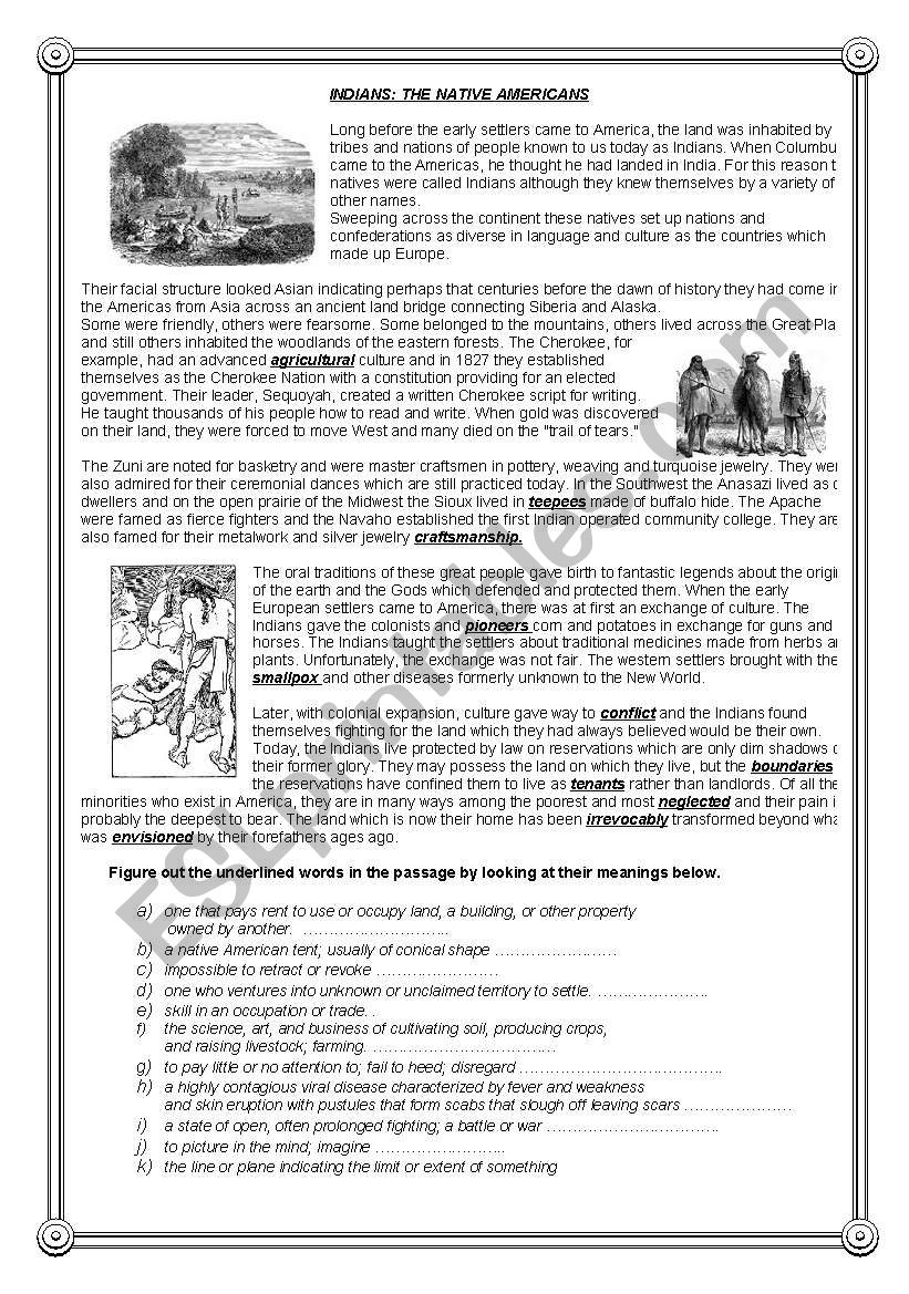 Indians The Native Americans Reading Comprehension 2 ESL Worksheet By Miameto