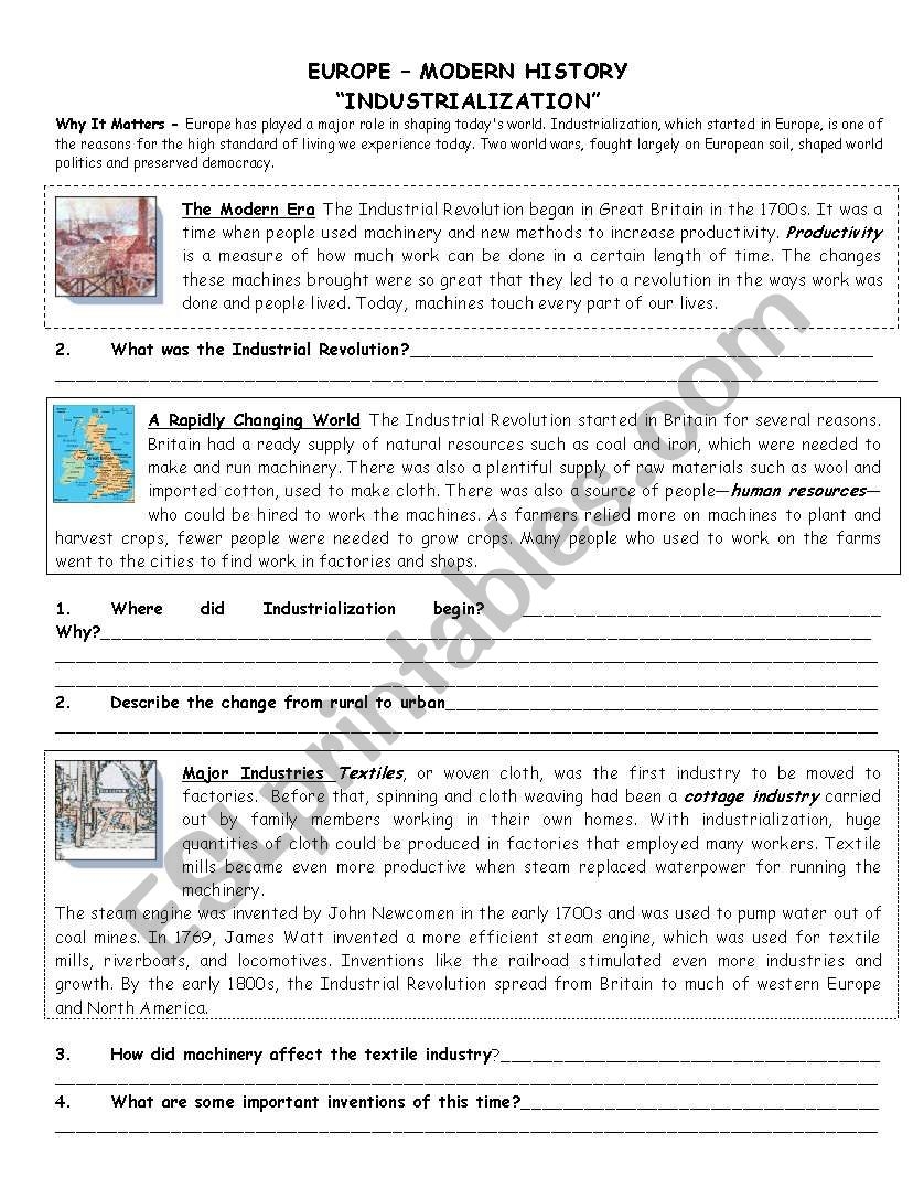 Industrial Revolution Reading ESL Worksheet By Aebbeler