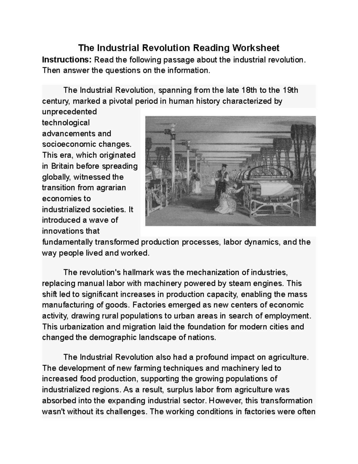 Industrial Revolution Reading Comprehension Worksheet Answers