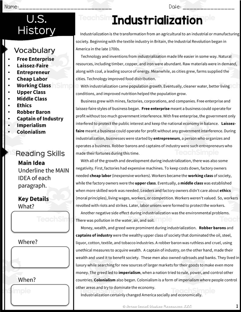 Industrialization Reading Packet By Teach Simple