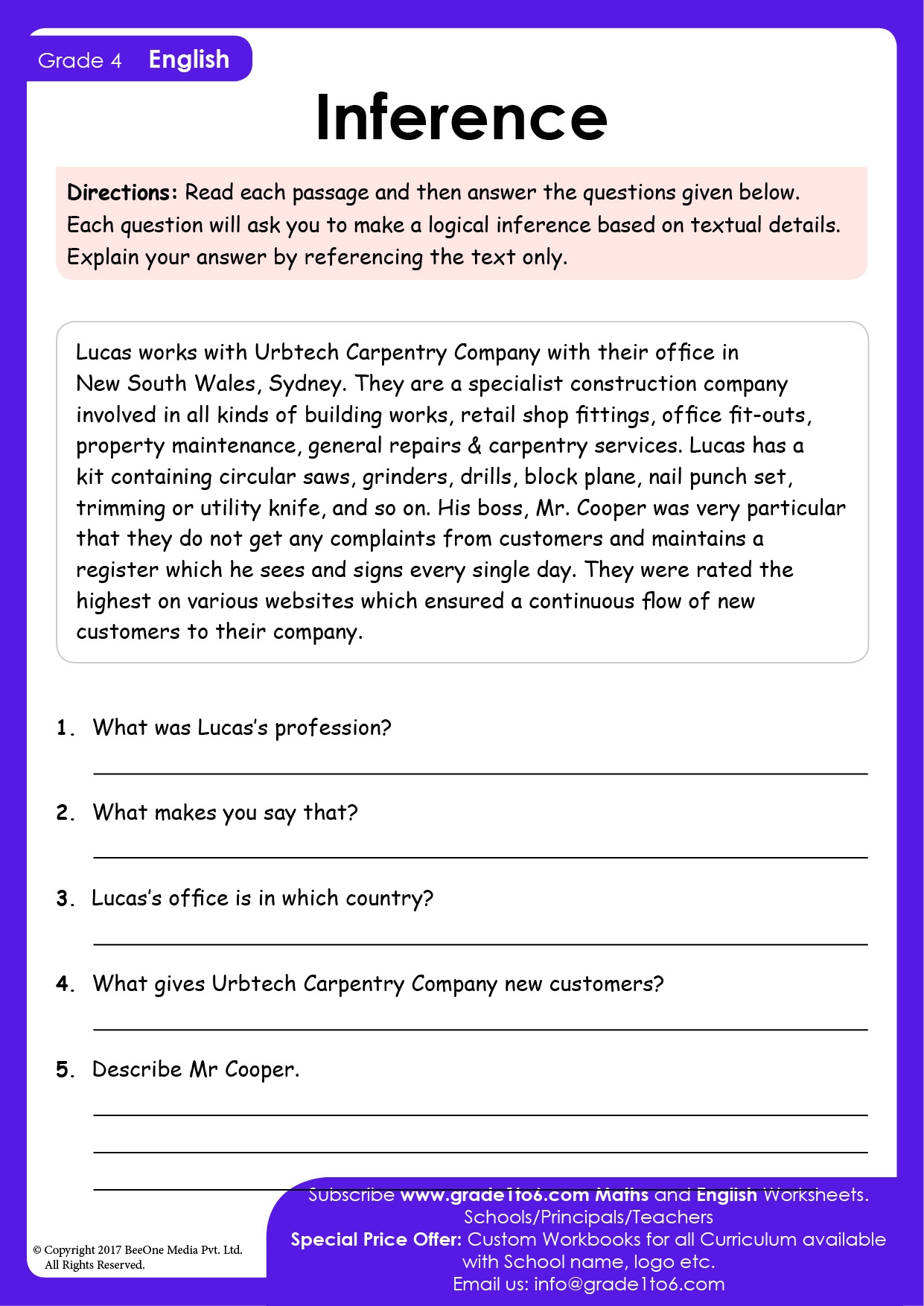 Reading Comprehension Inference Worksheets