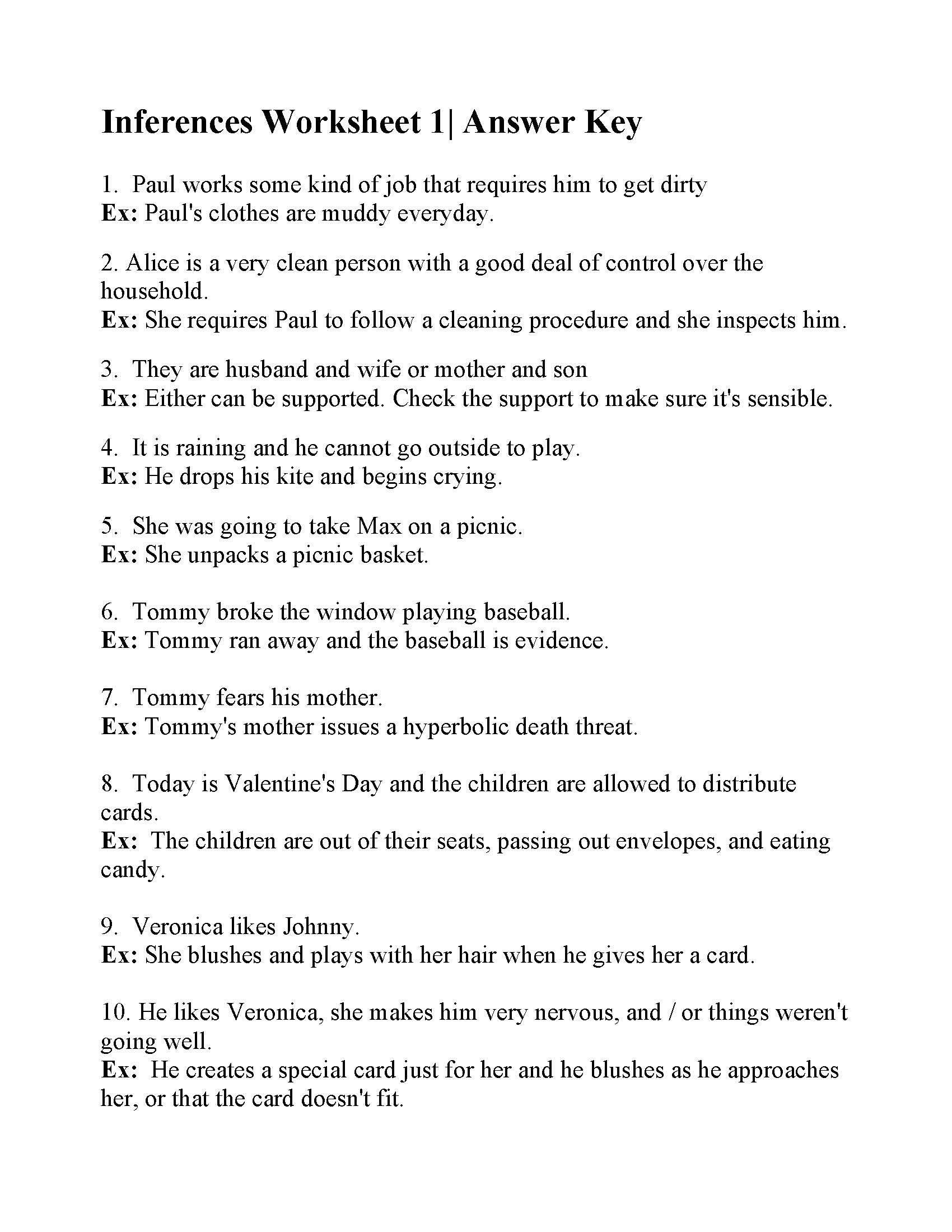 Inferences Worksheet 1 Reading Activity