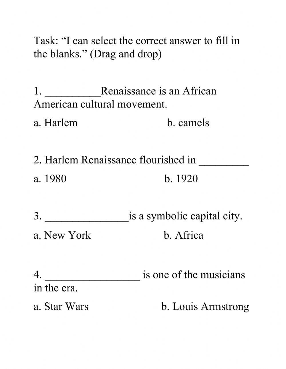 Informational Reading Comprehension The Harlem Renaissance A 