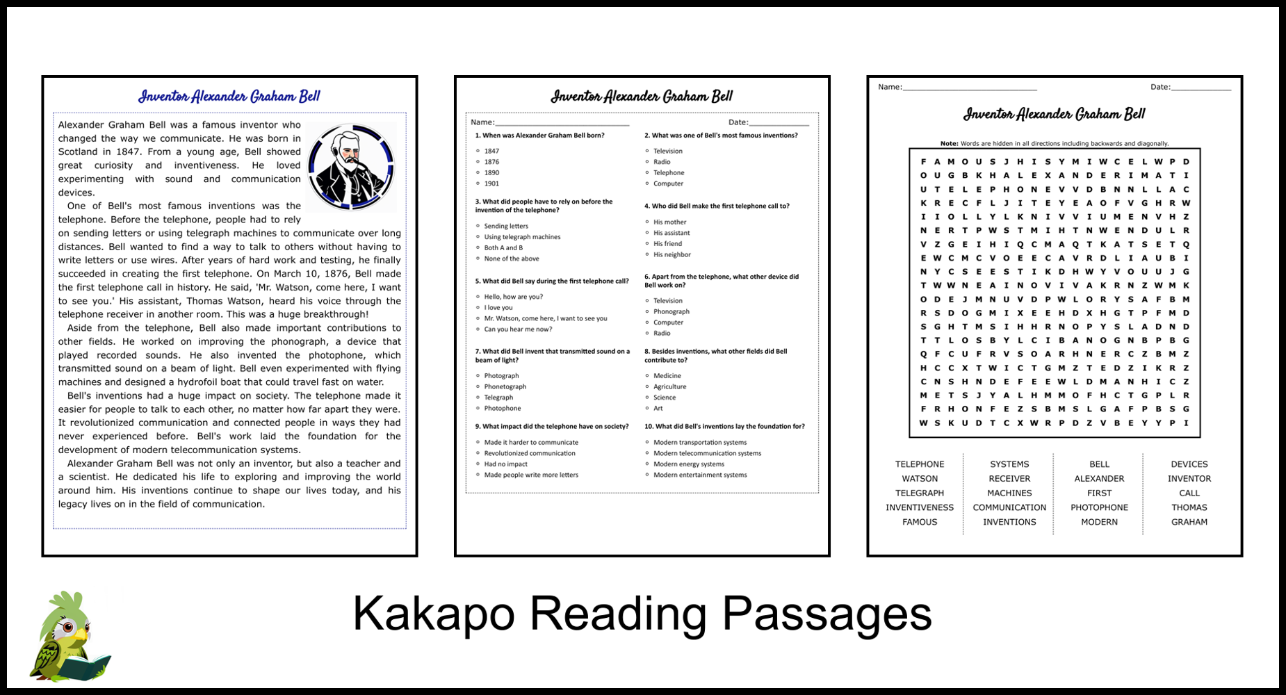 Inventor Alexander Graham Bell Reading Comprehension And Word Search Teaching Resources
