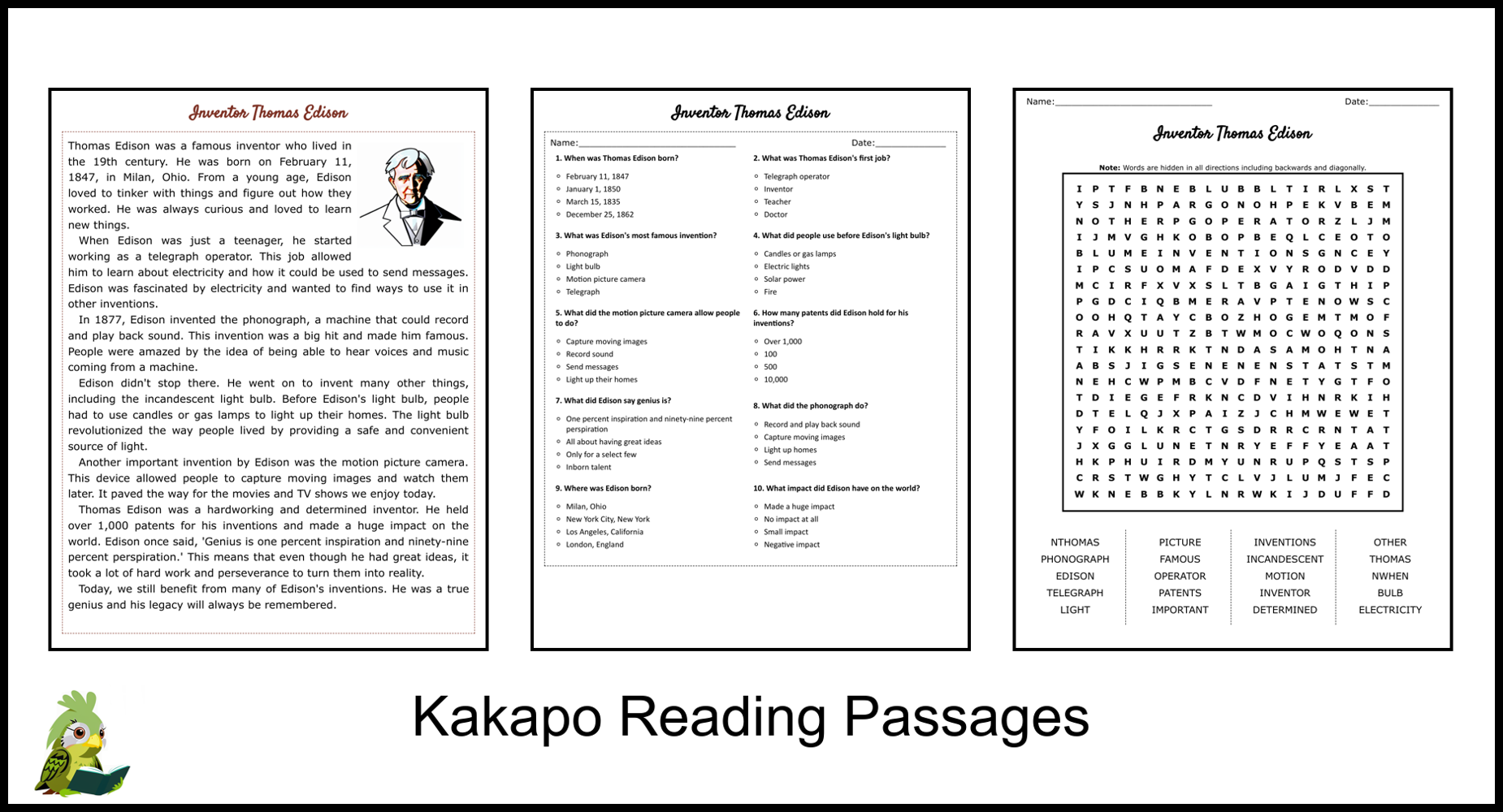 Thomas Edison Reading Comprehension Worksheet Pdf