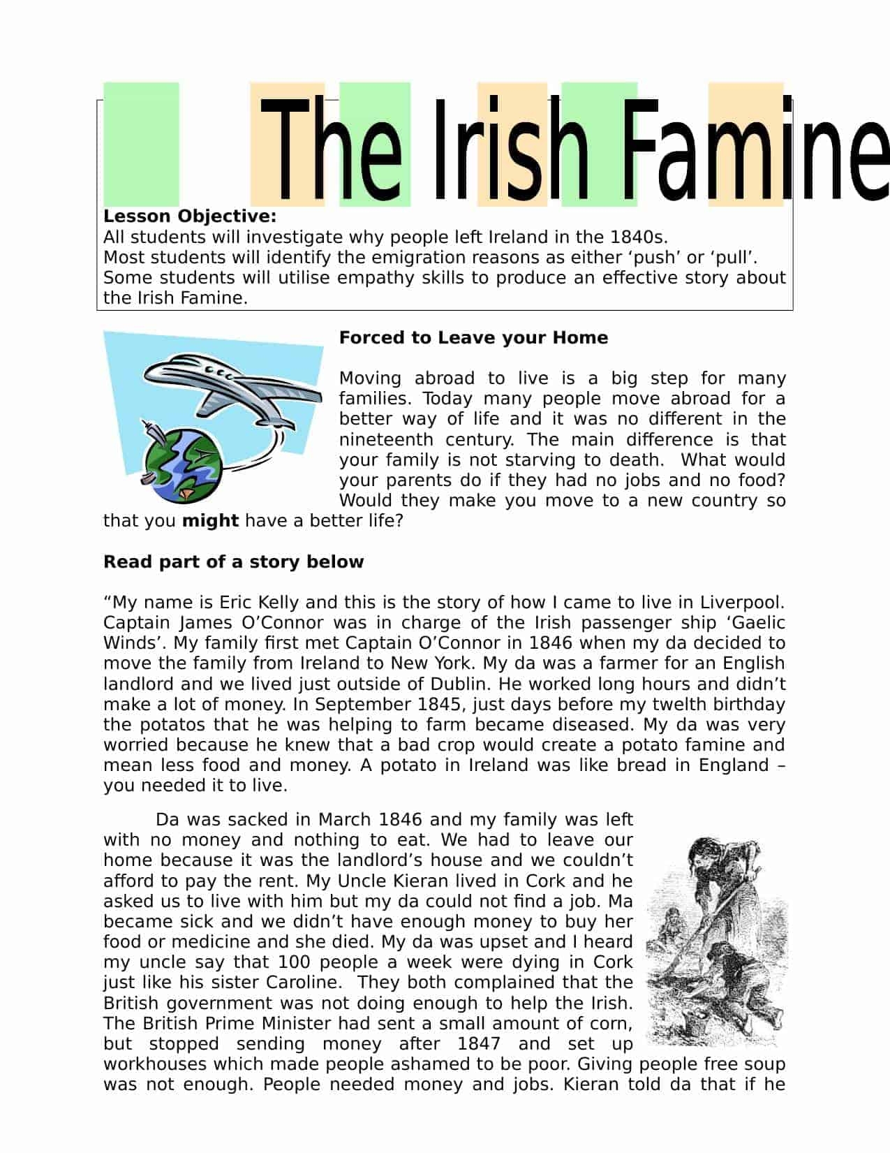 Irish Famine Worksheet KS3 Lesson Plan Resource