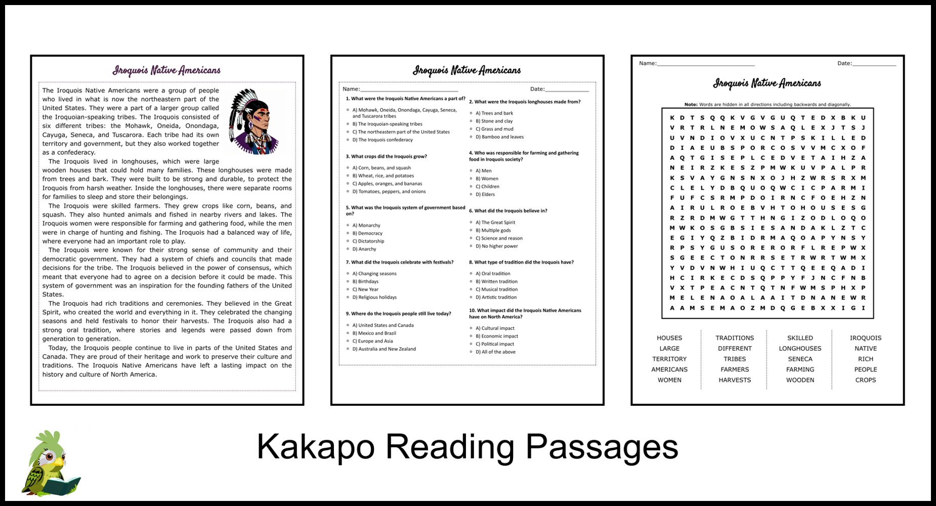 Iroquois Native Americans Reading Comprehension And Word Search Teaching Resources