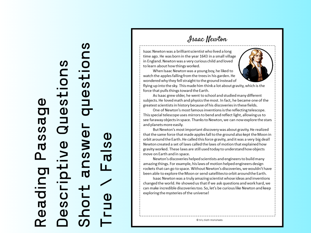 Isaac Newton Biography Reading Comprehension Passage Printable Worksheet PDF Teaching Resources