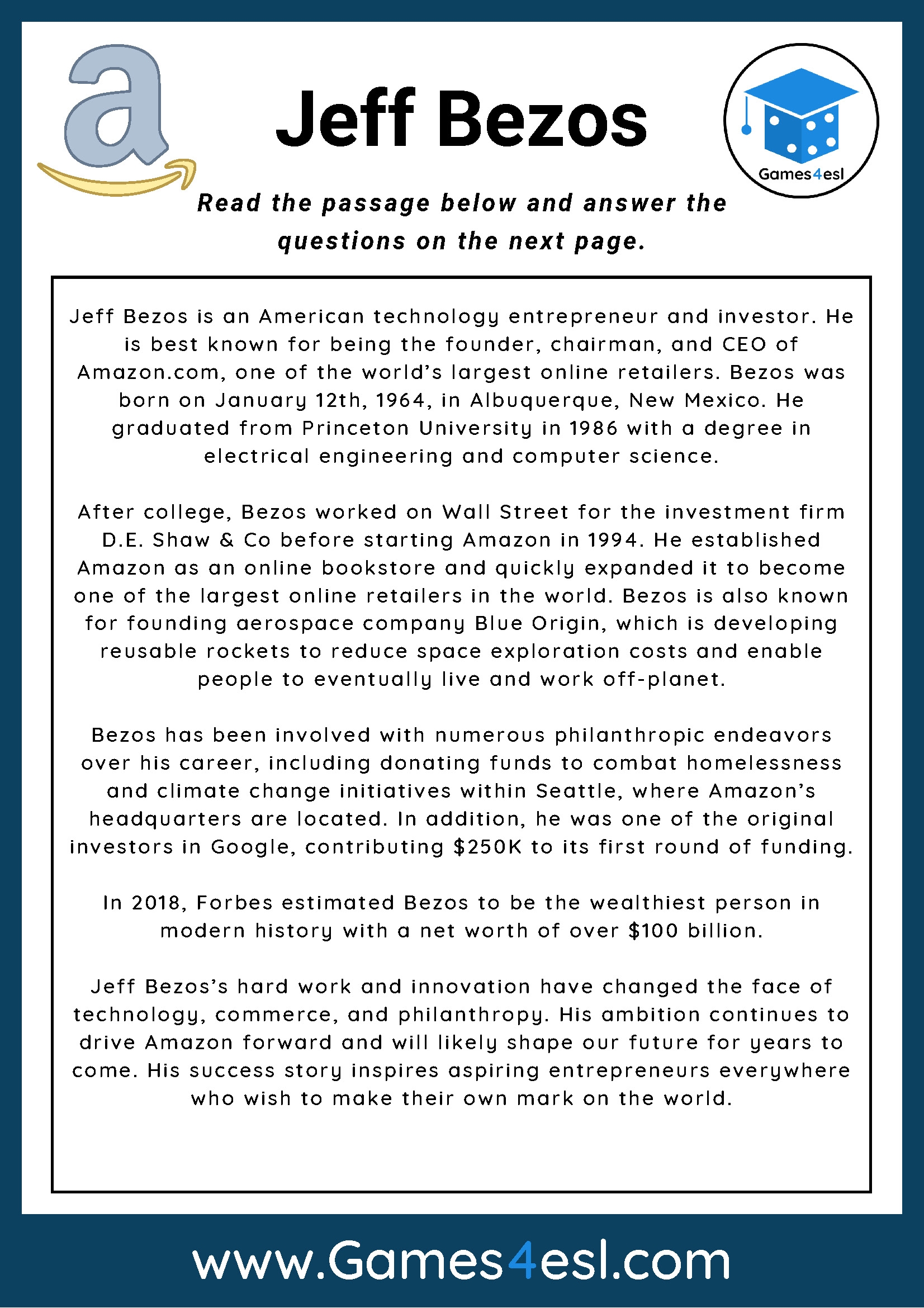 Jeff Bezos Reading Comprehension Worksheet Games4esl