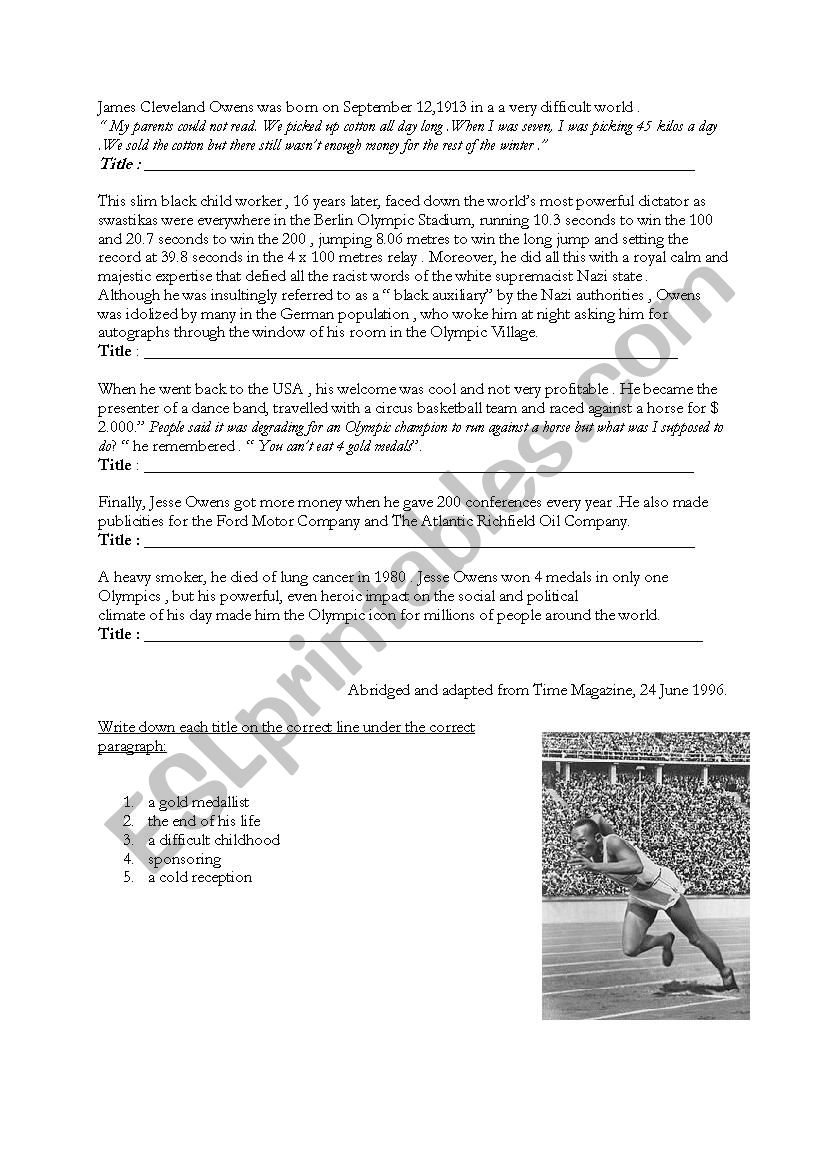 Jesse Owens A Short Biography ESL Worksheet By Raunie
