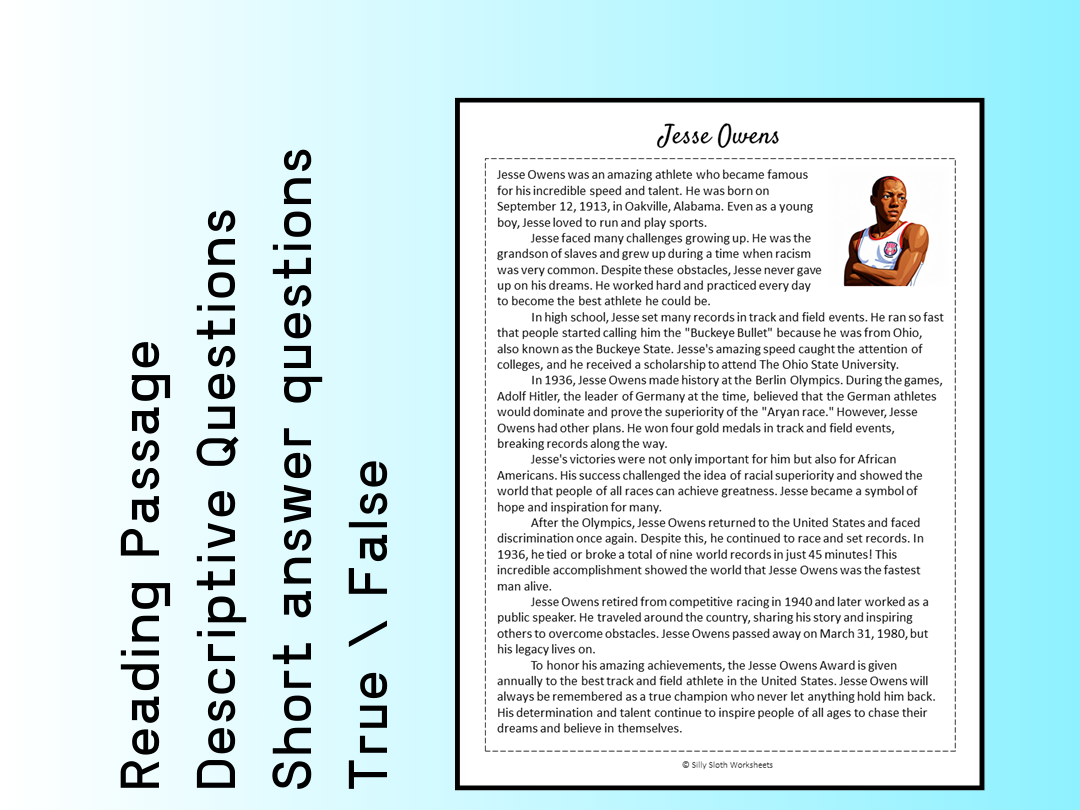 Jesse Owens Biography Reading Comprehension Passage Printable Worksheet PDF Teaching Resources