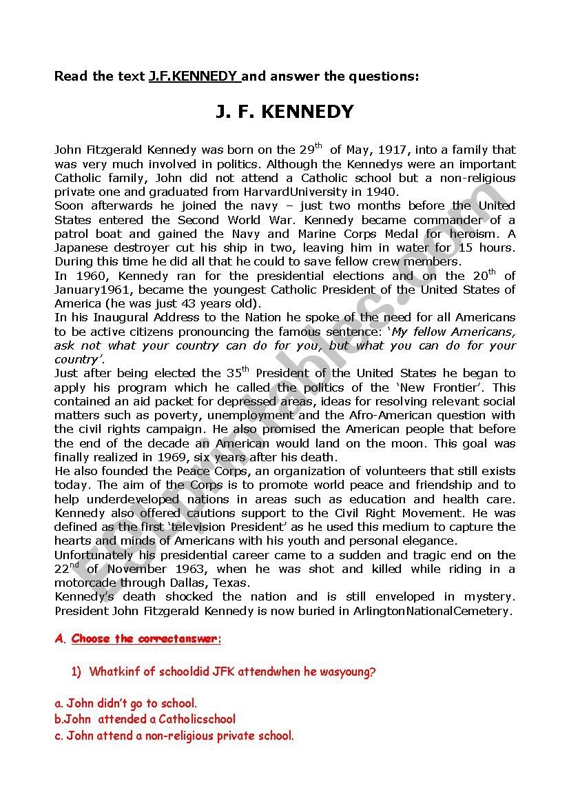 JFK Reading Comprehension ESL Worksheet By Uaui