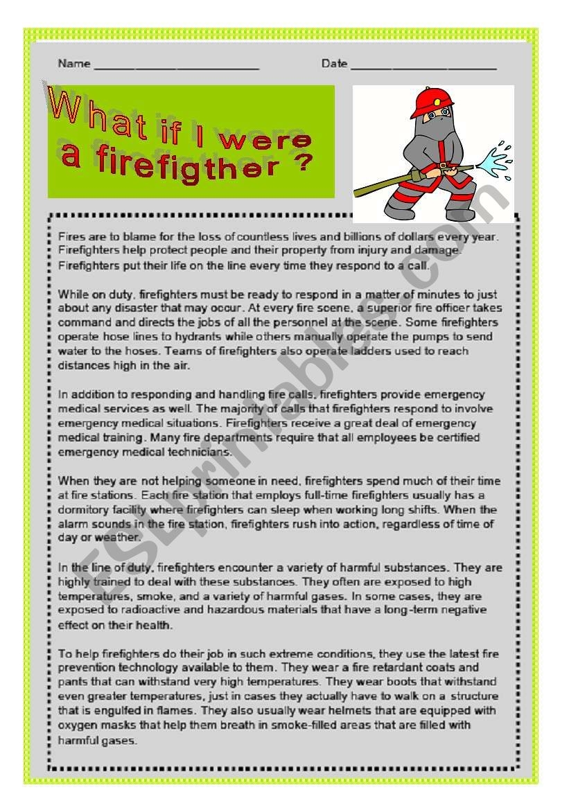JOB BEING A FIRE FIGHTER READING ESL Worksheet By GigiGraziano