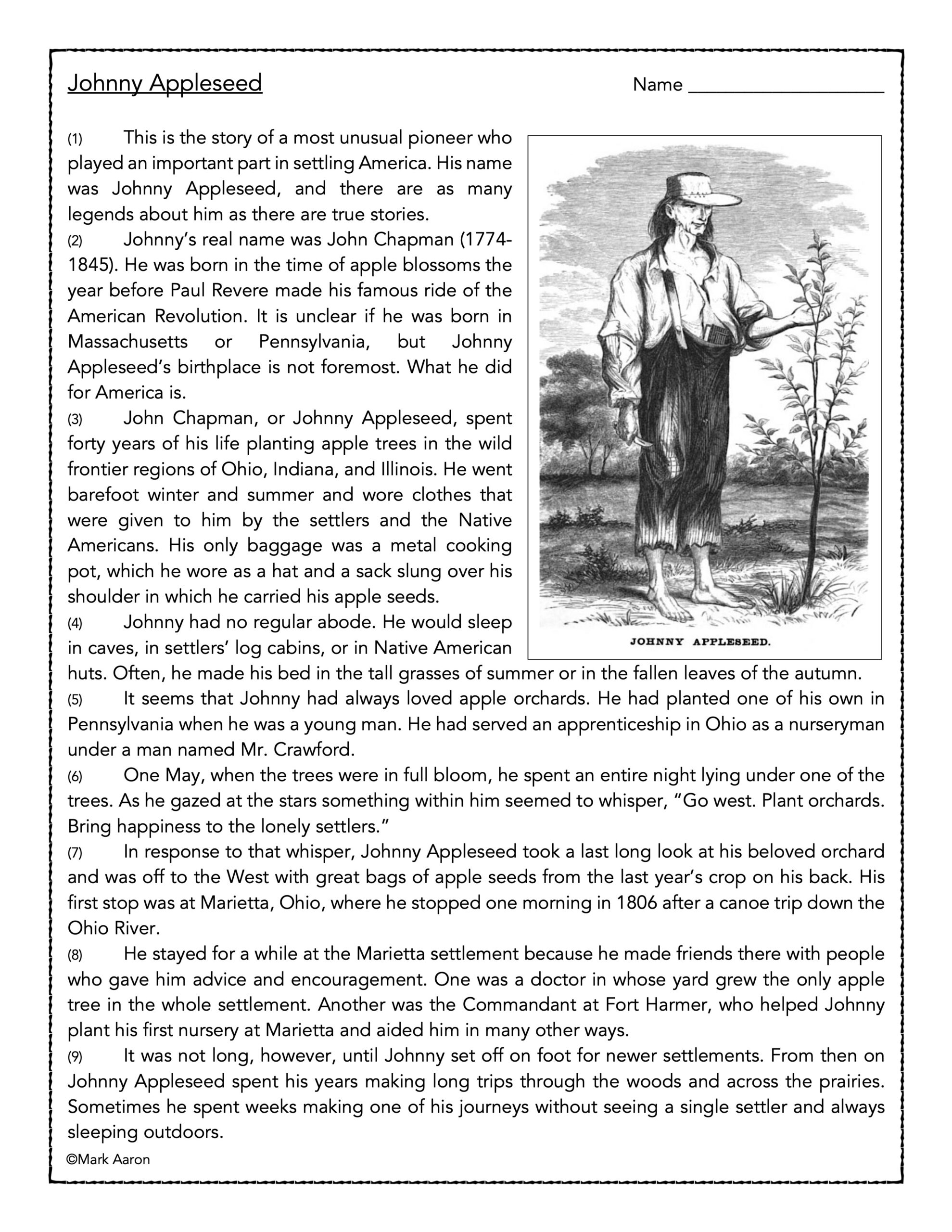 Johnny Appleseed Reading Comprehension Worksheets