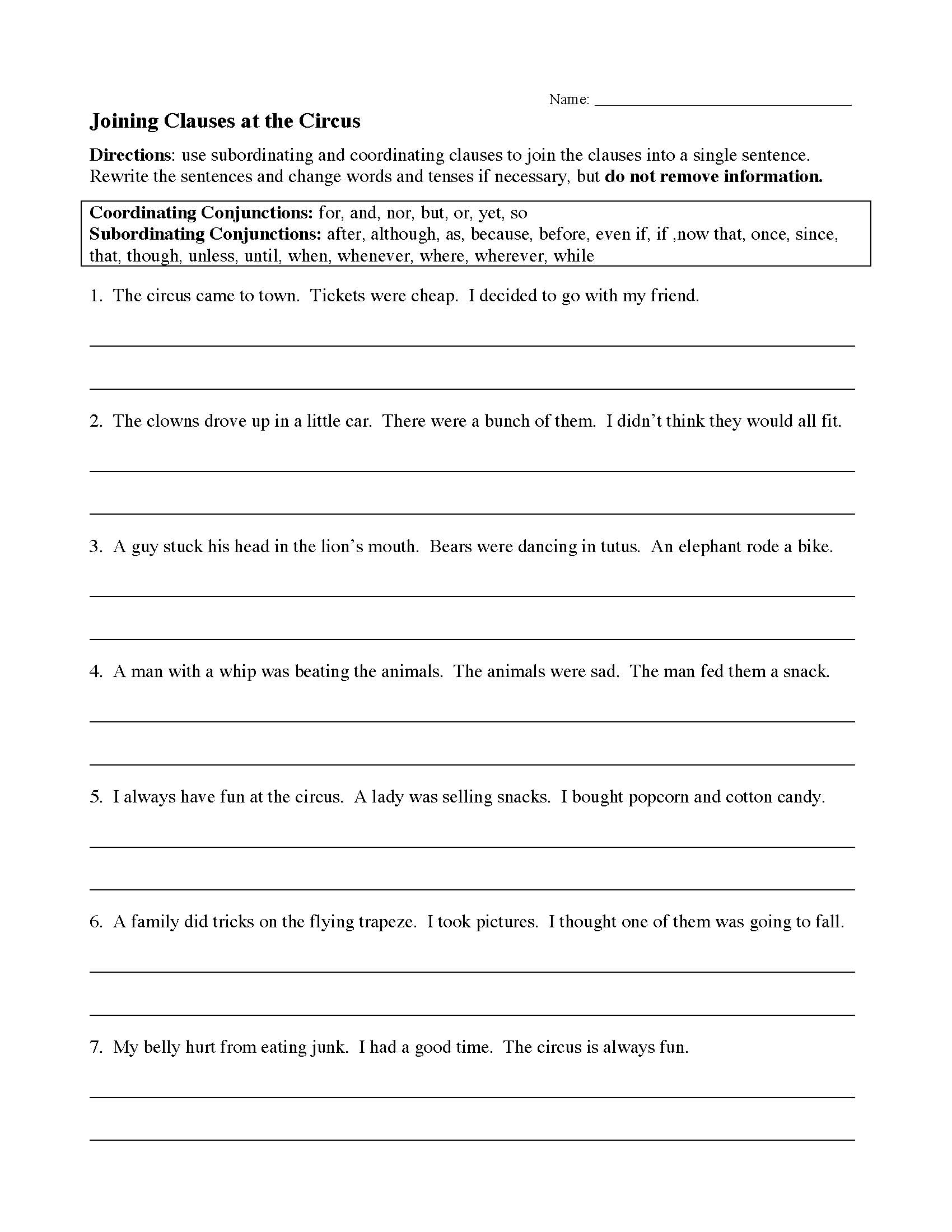 Joining Clauses At The Circus Worksheet Sentence Structure Activity