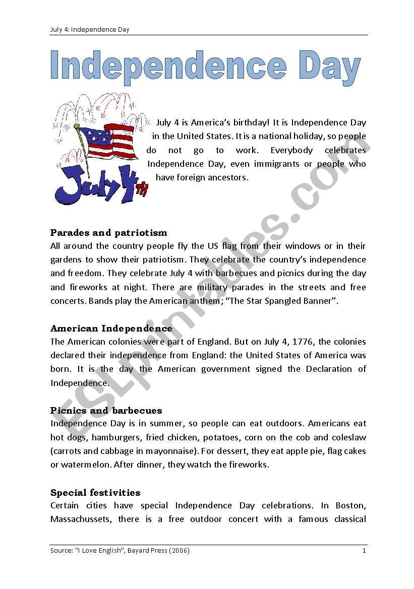 July 4 Independence Day ESL Worksheet By Nessyfleur